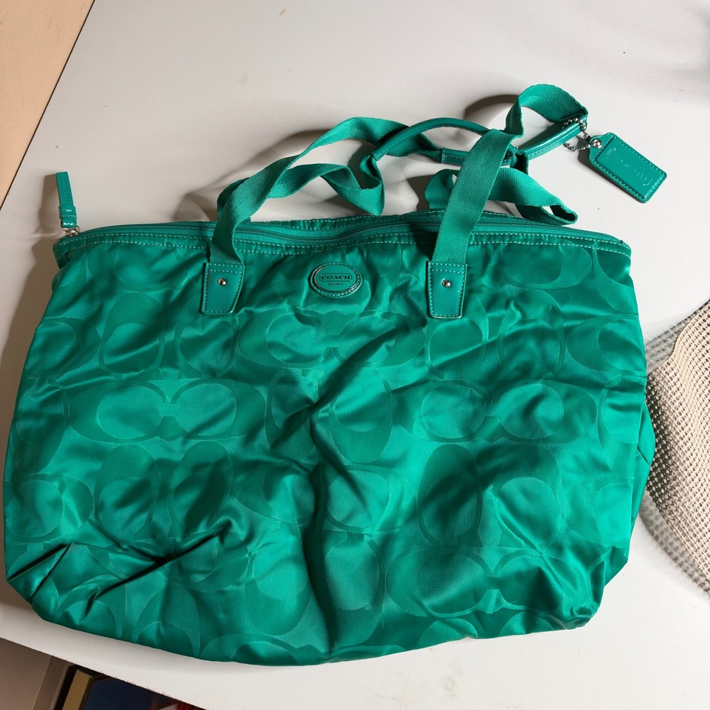 Coach Poppy Signature C Emerald Green Satin Tote Bag Large Shoulder Bag